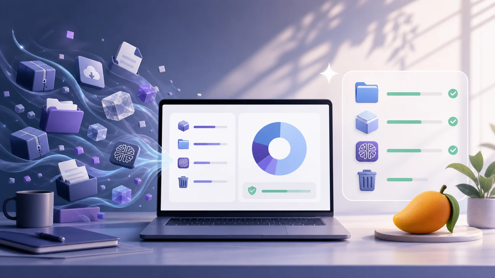 MangoDisk origin story illustration showing clutter becoming clear disk space management