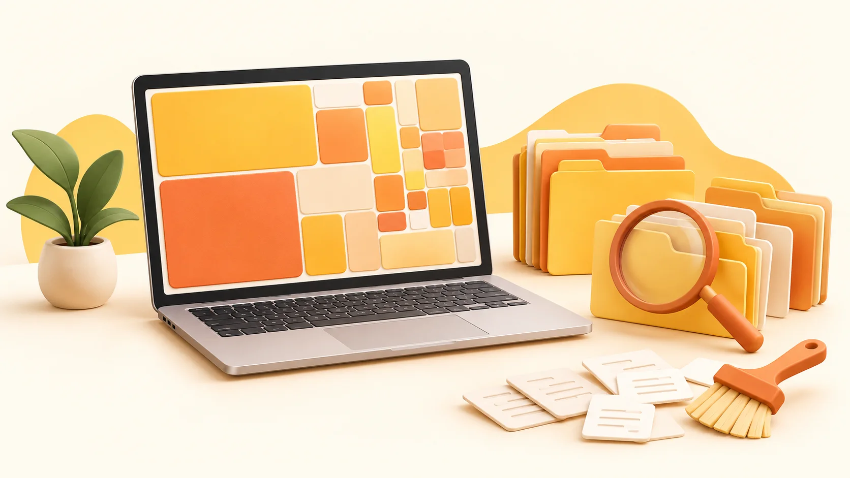 A laptop with an abstract disk usage mosaic, folders, a magnifying glass and a small brush, illustrating inspection before cleanup