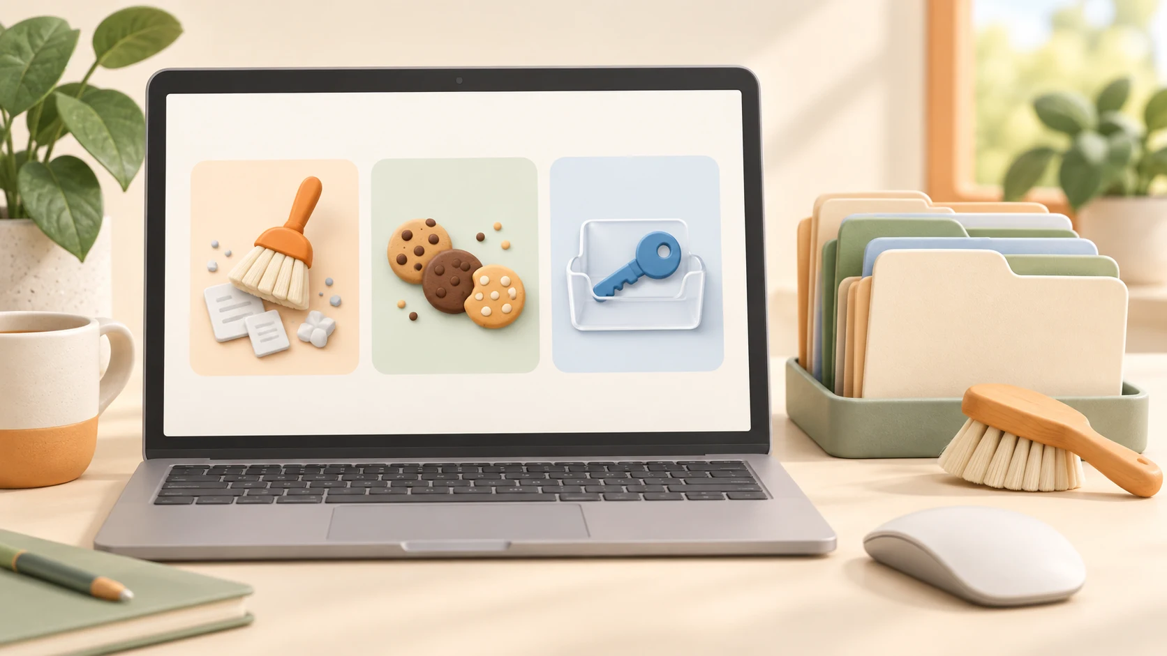 ノートパソコンの横にブラシとファイルを置き、Cookieと鍵の記号で必要なデータを残すクリーニングを表したイラスト