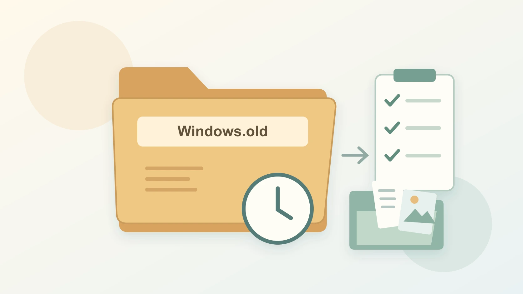 以前のWindowsを表すフォルダーと時計、個人ファイル、チェックリストを並べ、削除前の確認事項を示したイラスト
