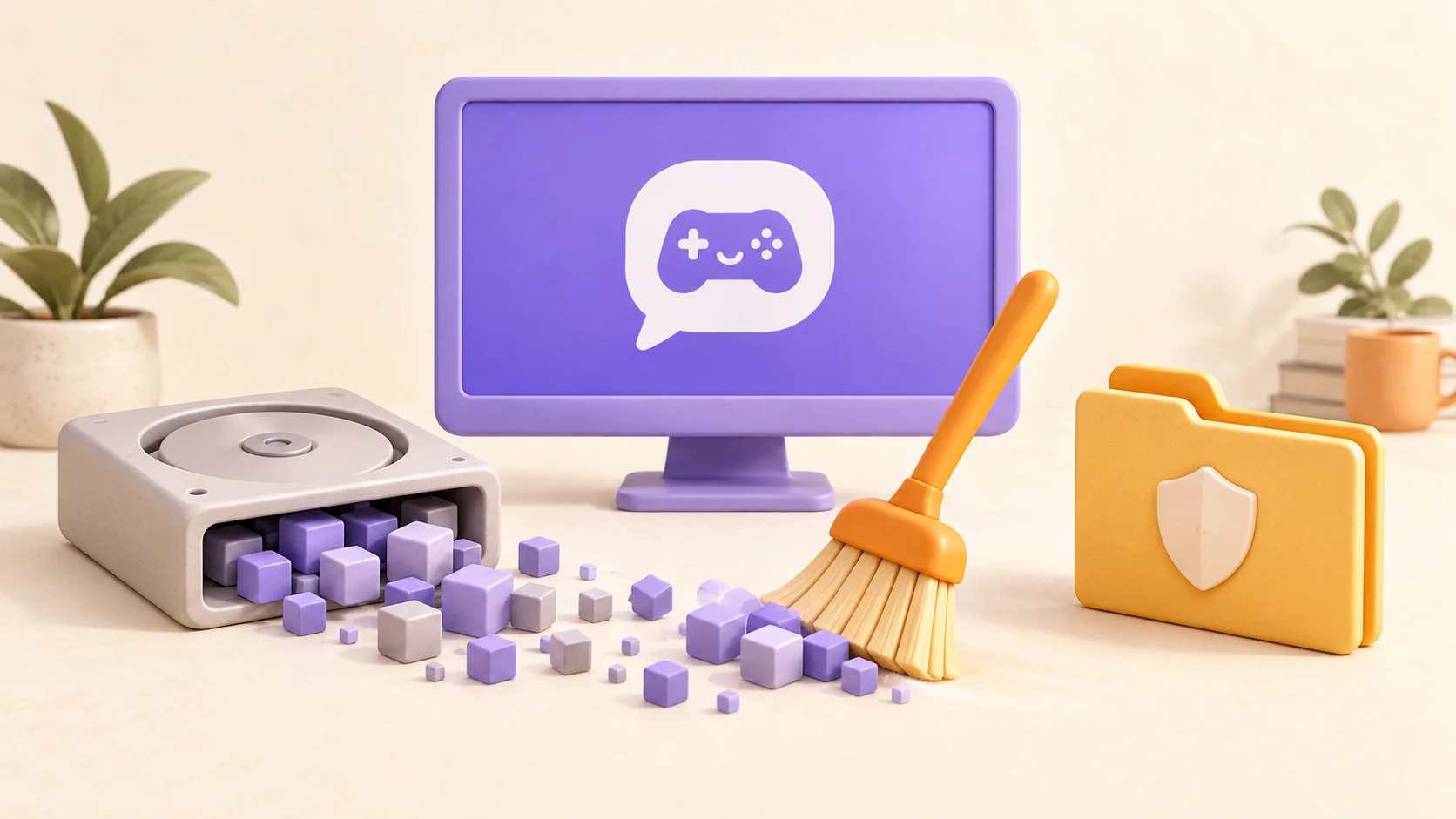 An orange brush sweeps cache blocks away from a chat app while a separate folder stays intact