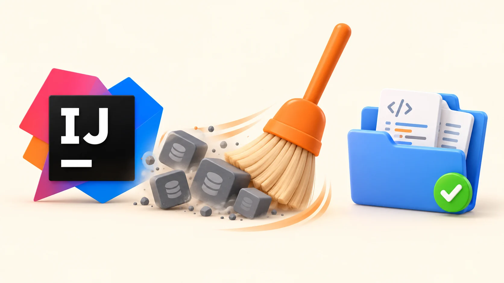 An orange brush sweeps away cache blocks beside an IntelliJ IDEA icon while a separate project folder stays intact