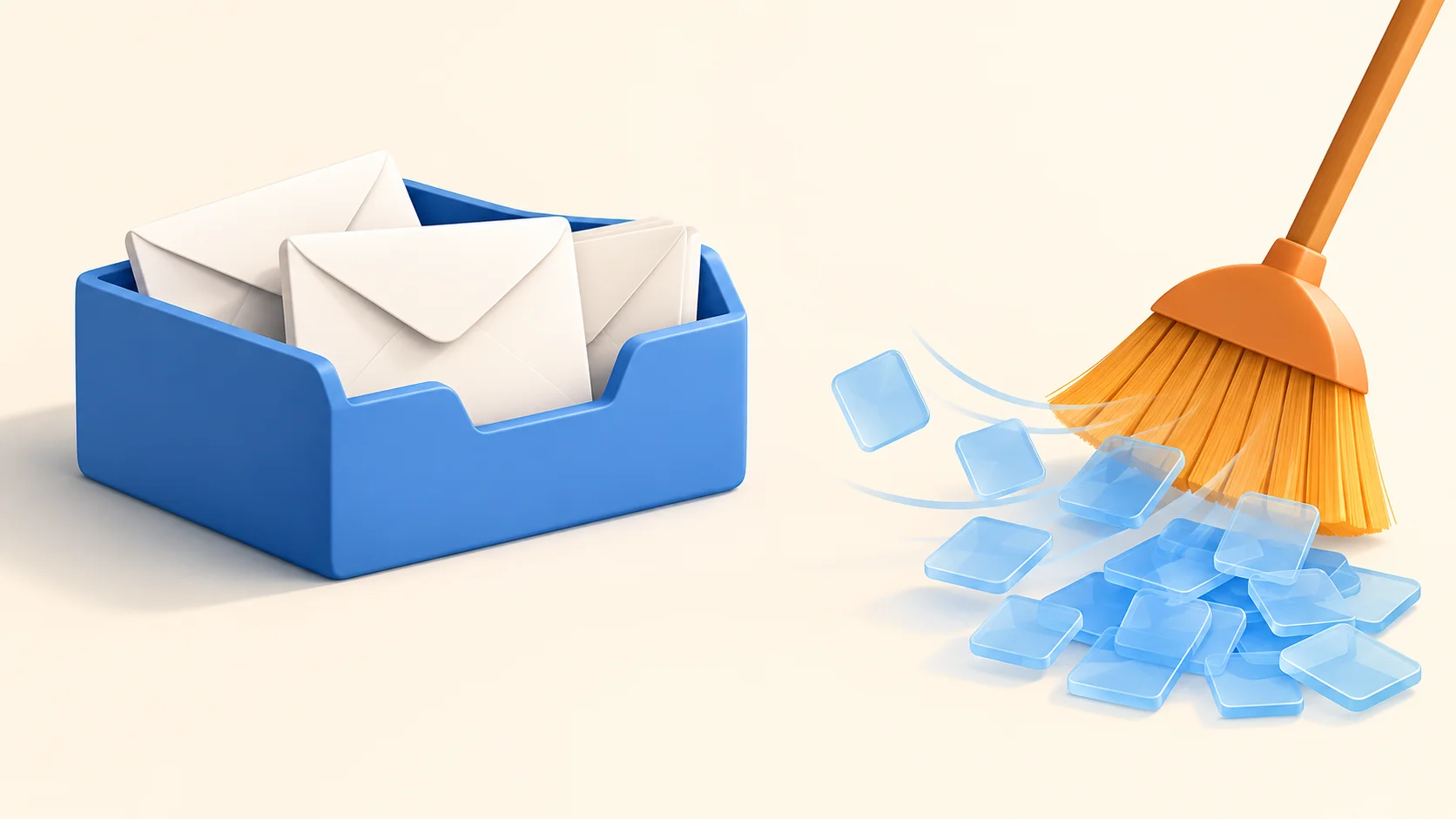 Mail stays in a blue inbox while an orange brush sweeps away separate temporary cache tiles