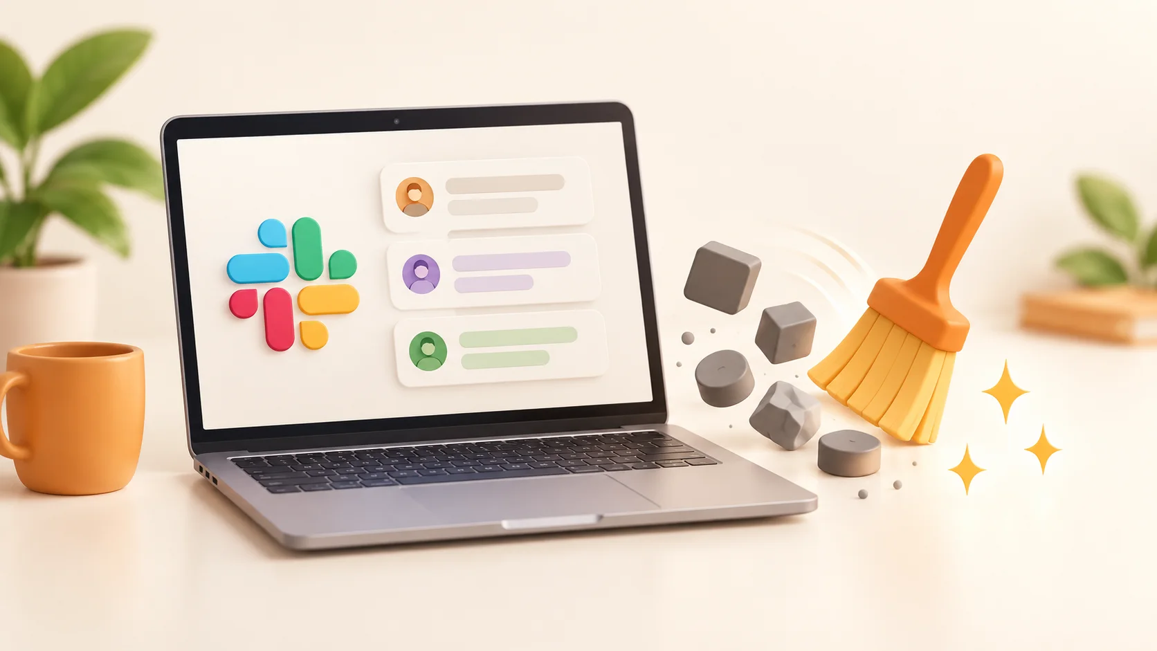 Slack conversations remain on a laptop while an orange brush sweeps away small cache blocks beside it