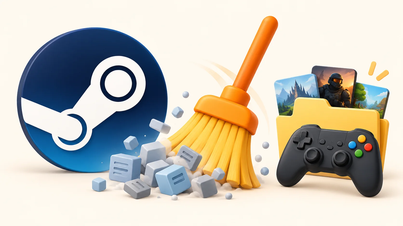 An orange brush sweeps away cache blocks beside the Steam icon while a game controller and folder remain intact