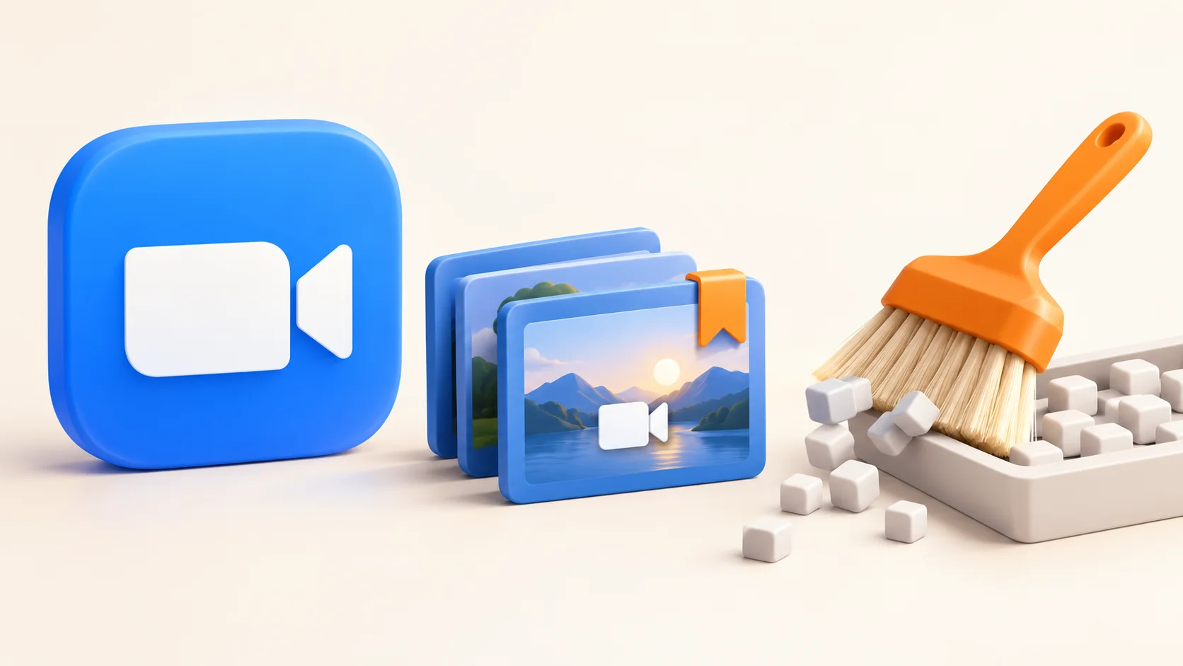 A blue video camera tile beside saved recordings, with an orange brush clearing cache blocks from a tray