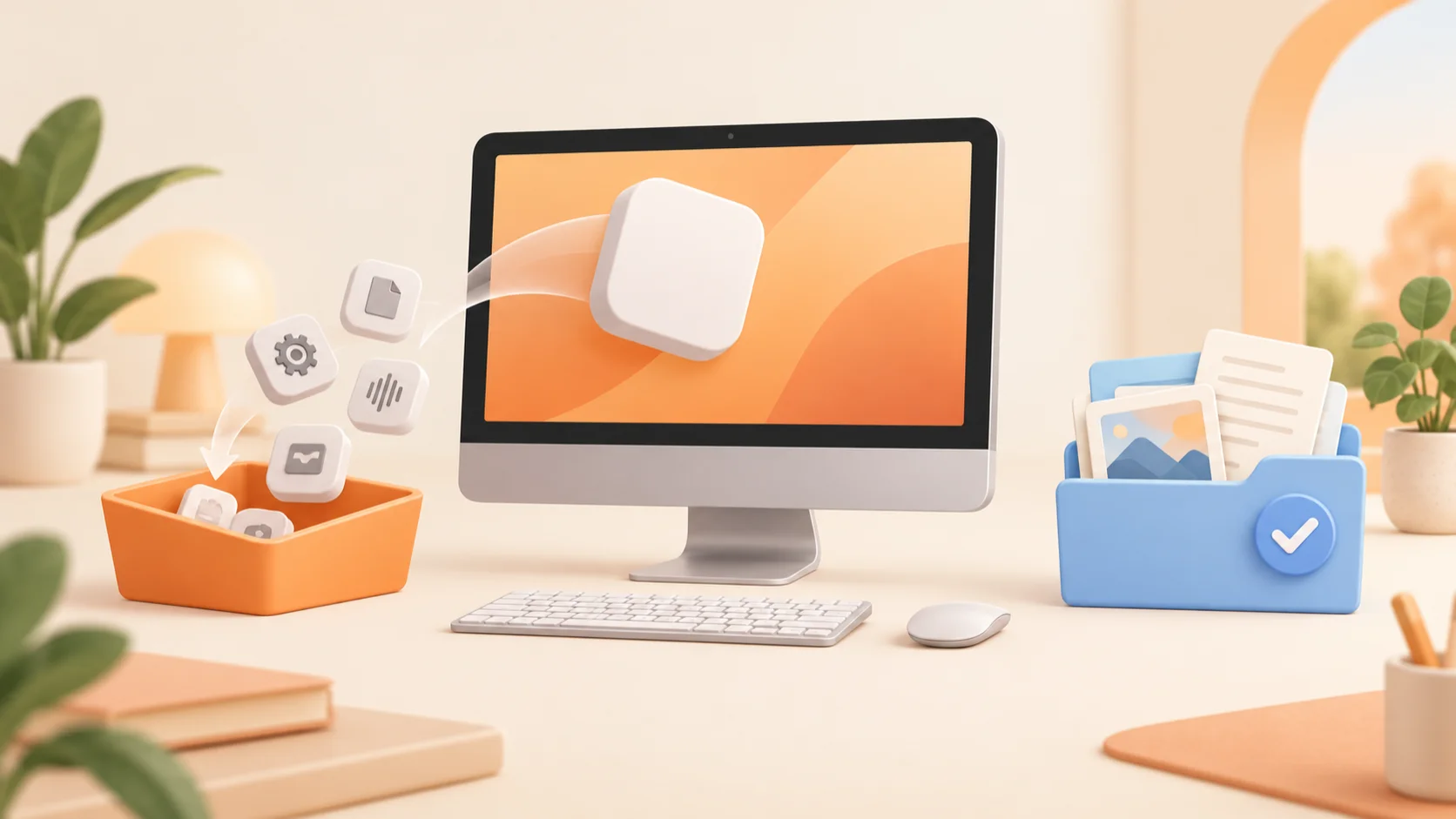 Related app files sorted into an orange tray beside a computer, with personal documents kept in a separate blue folder