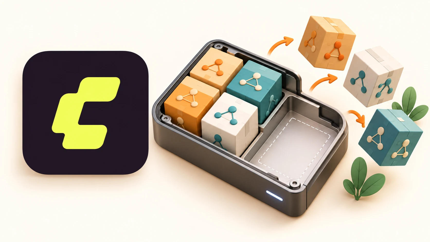 The ComfyUI app icon beside a drive with model blocks moved aside to leave empty storage space