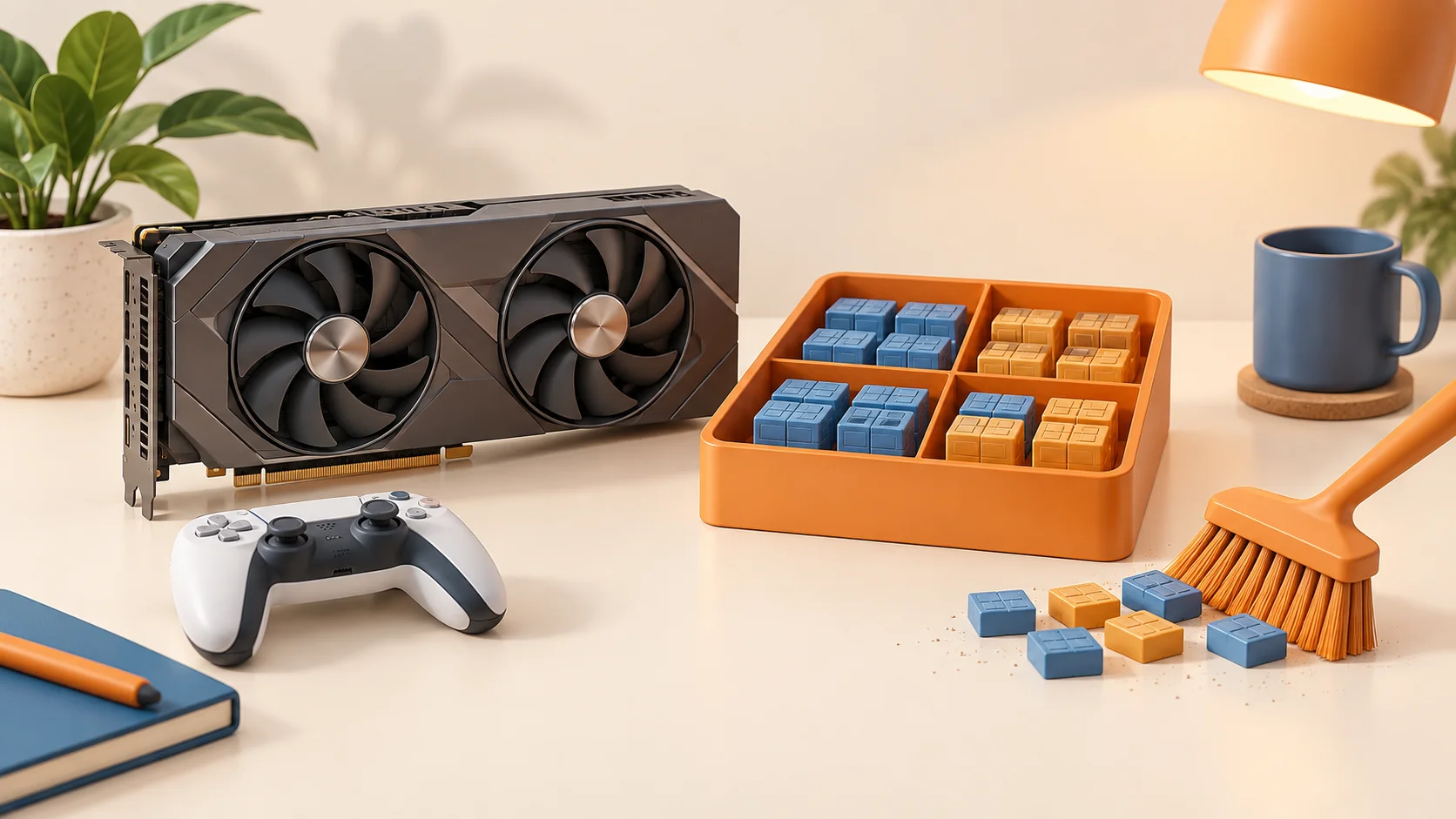 An orange brush clears a few cache blocks beside a graphics card and game controller, leaving other blocks in a tray