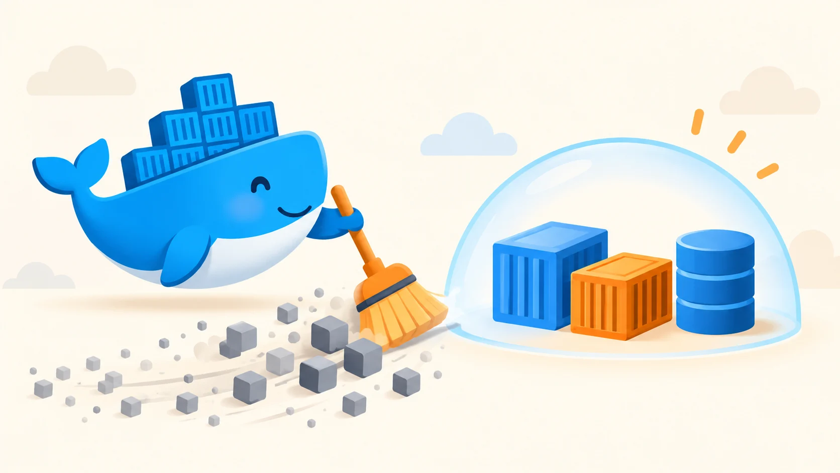 橘色刷子掃走 Docker 藍色鯨魚旁的灰色建置快取方塊,映像檔、容器與資料磁碟區則保留完整