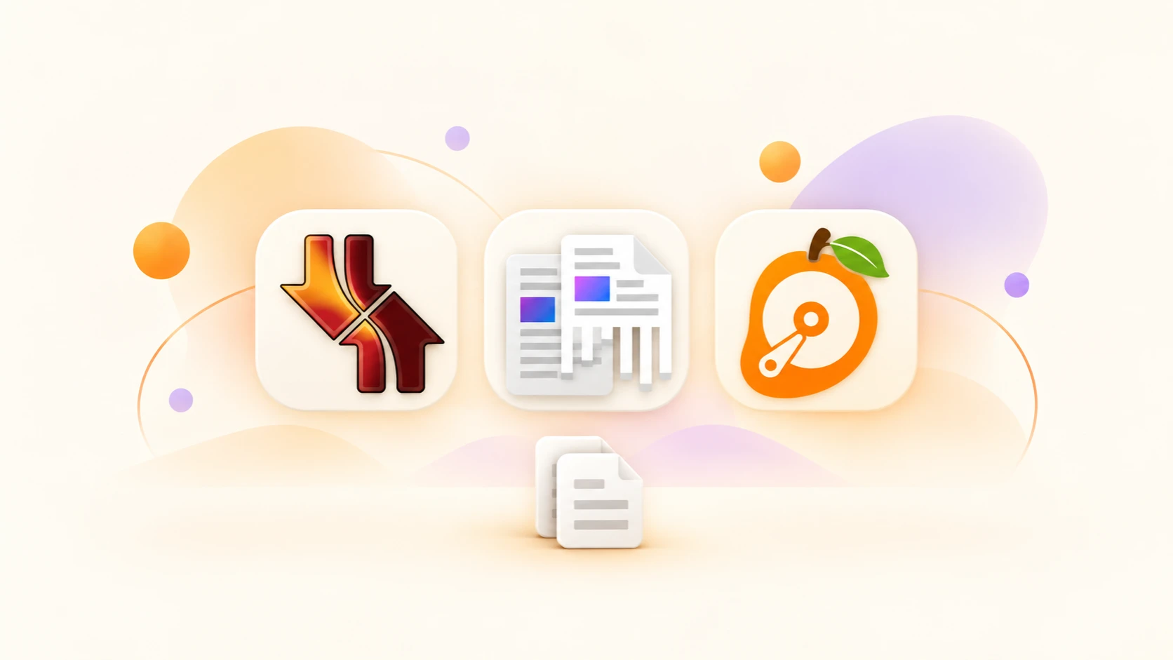 dupeGuru、Czkawka 和 MangoDisk 应用图标并排，下方摆放一小叠文档卡片
