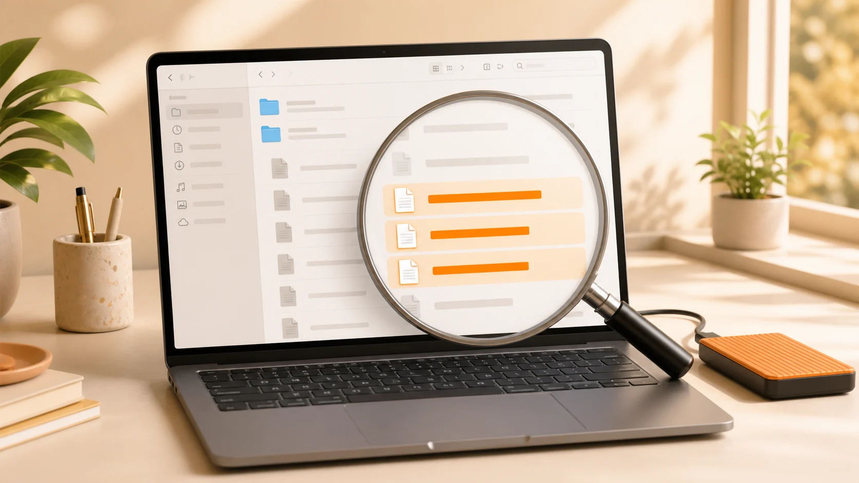 Illustration of a Mac reviewing oversized files with a magnifying glass before moving or deleting them