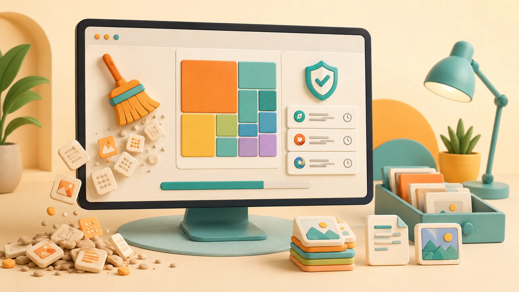 A desktop screen with a cleanup brush, disk usage map and privacy shield, illustrating tidier storage while keeping important files