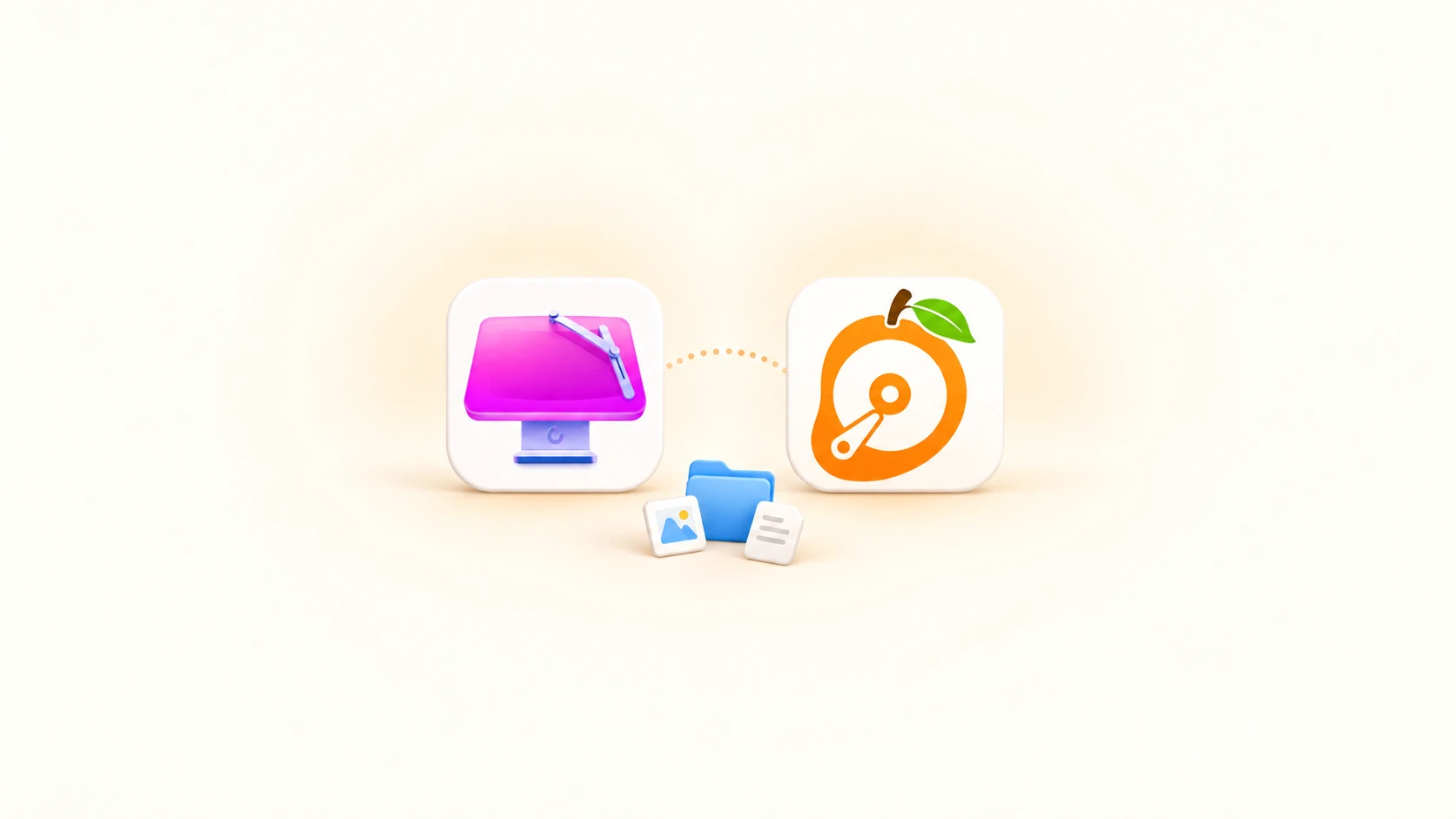 CleanMyMac and MangoDisk icons side by side, with a small blue folder and file cards below