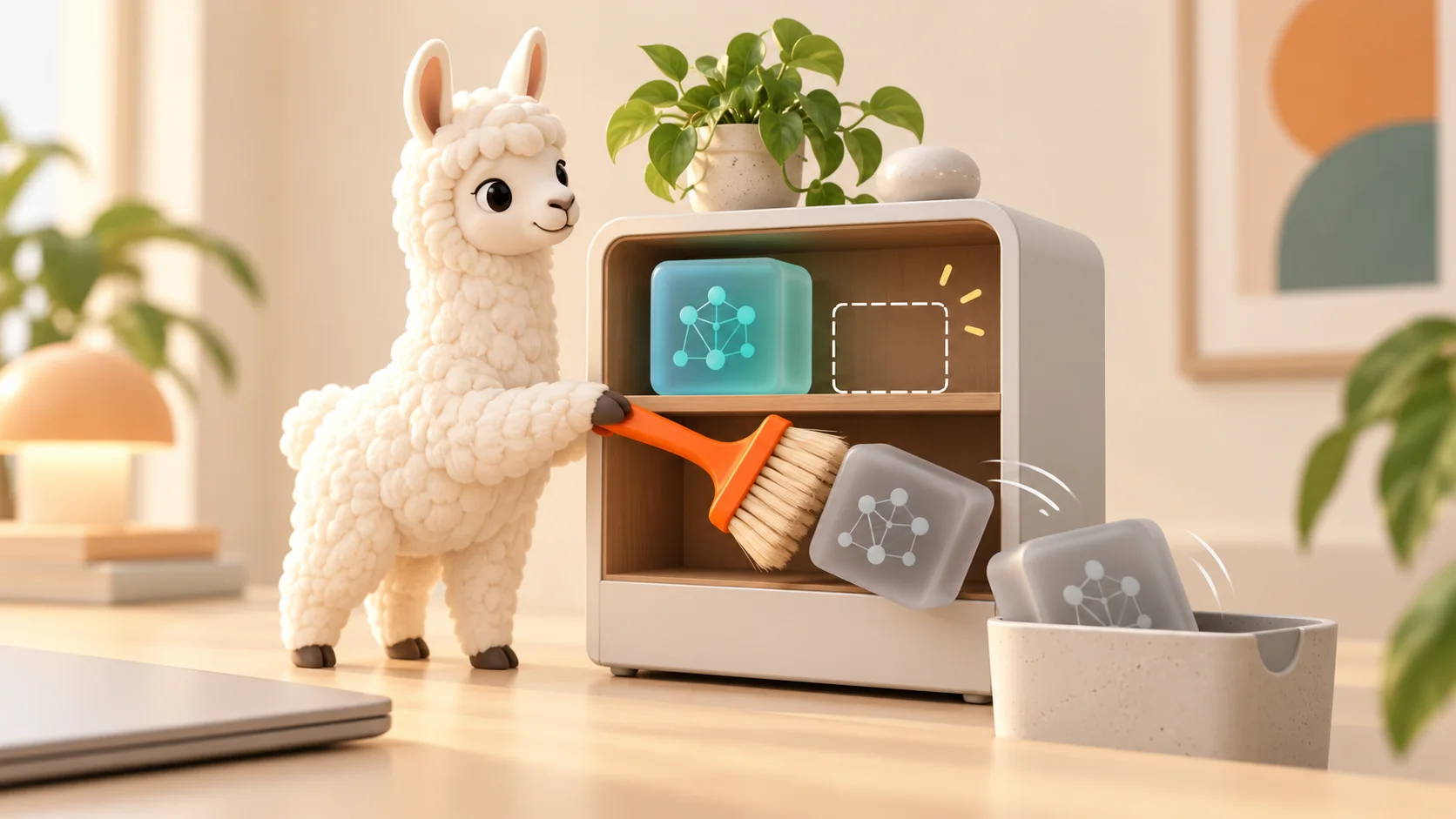 A llama brushes gray model blocks off a shelf, leaving one teal block and room to spare