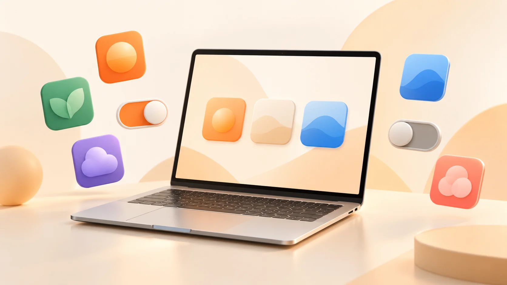 A laptop surrounded by abstract app icons and on and off switches, representing control over startup apps