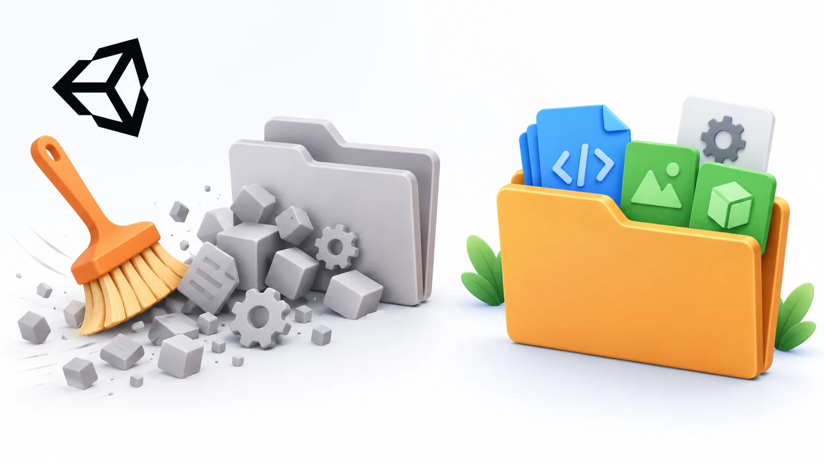 A brush sweeps away grey cache blocks beside the Unity logo while an orange project folder keeps code, assets and settings intact
