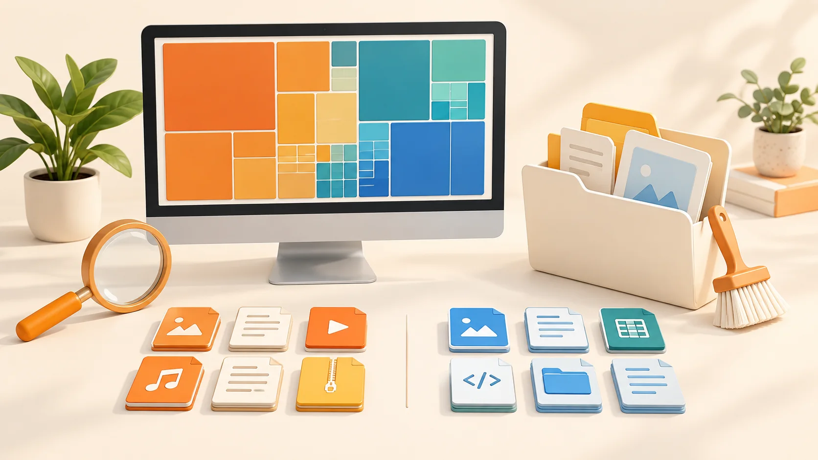 A computer displaying a colorful treemap beside an organized folder, file tiles and a cleaning brush