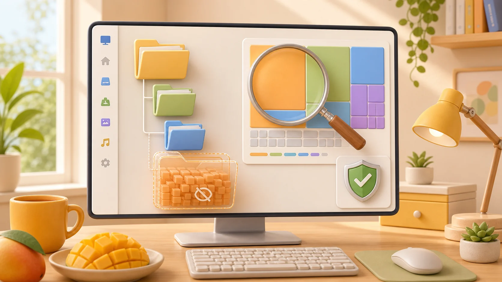 Illustration of a folder hierarchy and treemap being used to find the largest folder in AppData before cleanup