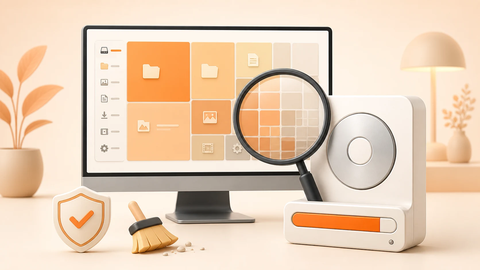 Illustration of a nearly full Windows PC drive being inspected with a storage treemap before cleanup