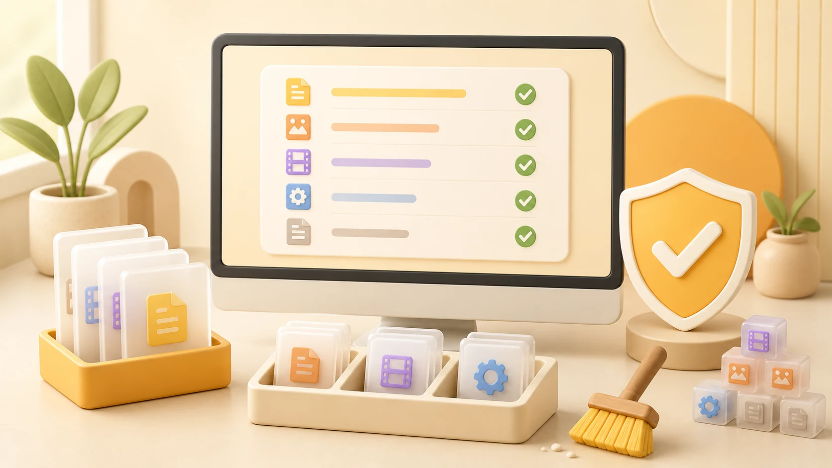 Illustration of Windows temporary files being reviewed and sorted before a safe cleanup